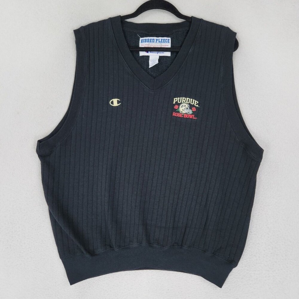 Champion Sweater Vest Men Large Black Ribbed Fleece 90s Purdue Rose Bowl Vintage